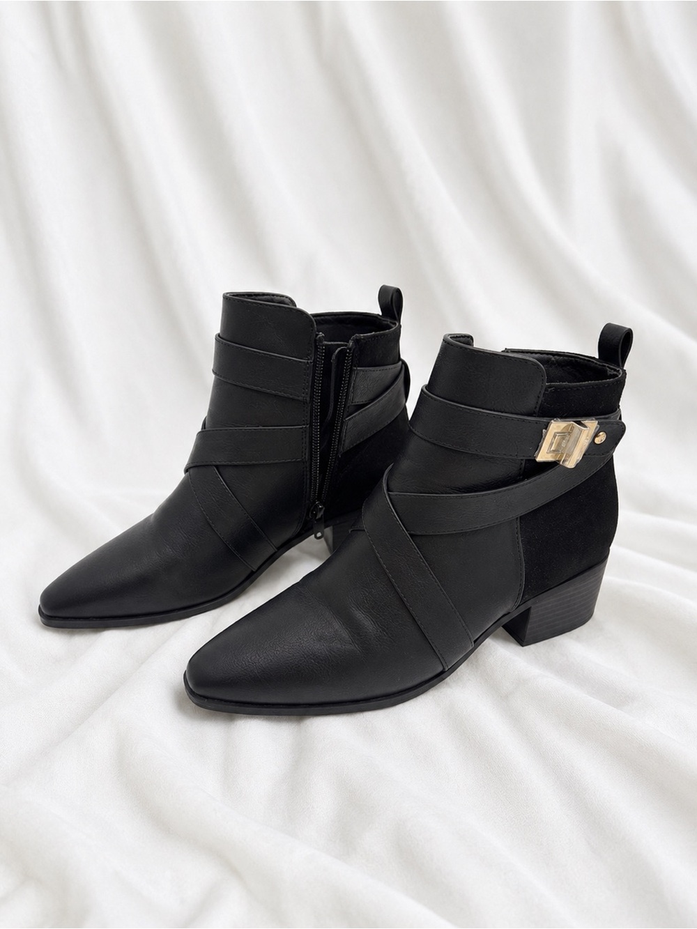 Black ankle booties buckle gold block heel faux leather